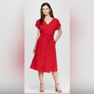 Universal Thread Vibrant Red Midi Faux Wrap Dress Women’s Small